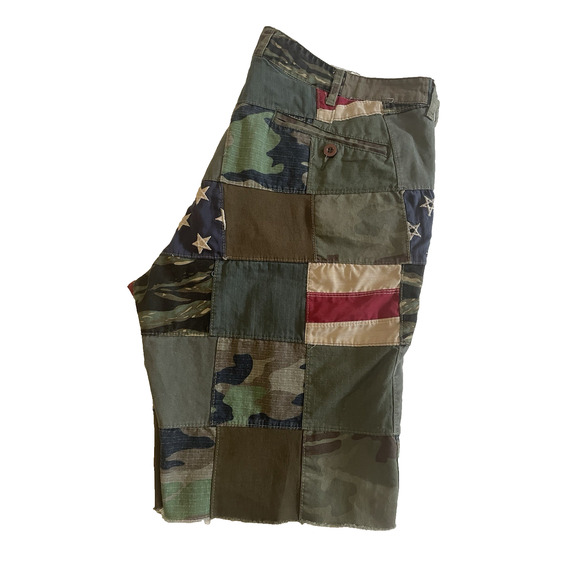 Green and Brown Flat Front Patchwork Shorts - Picture 1 of 9